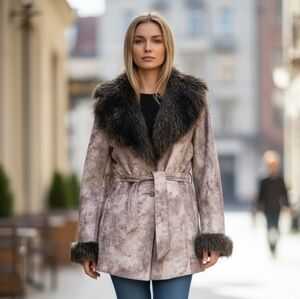 ALLEN SCHWARTZ Faux Suede Faux Fur Marble Pattern Penny Lane Coat.Gray/brown.XL